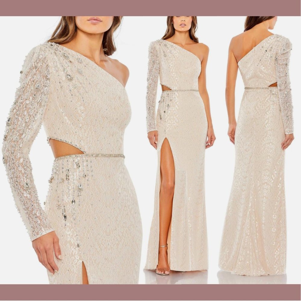 NWT $698 Mac Duggal [ 2 ] Lace Embellished One Sleeve Cut Out Gown‎ Ivory White
